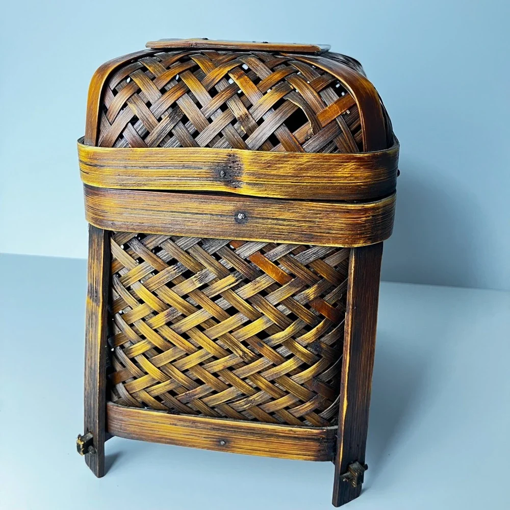 Vintage Storage Chest Brown Footed Keepsake Box Decor Handcrafted Woven Bamboo